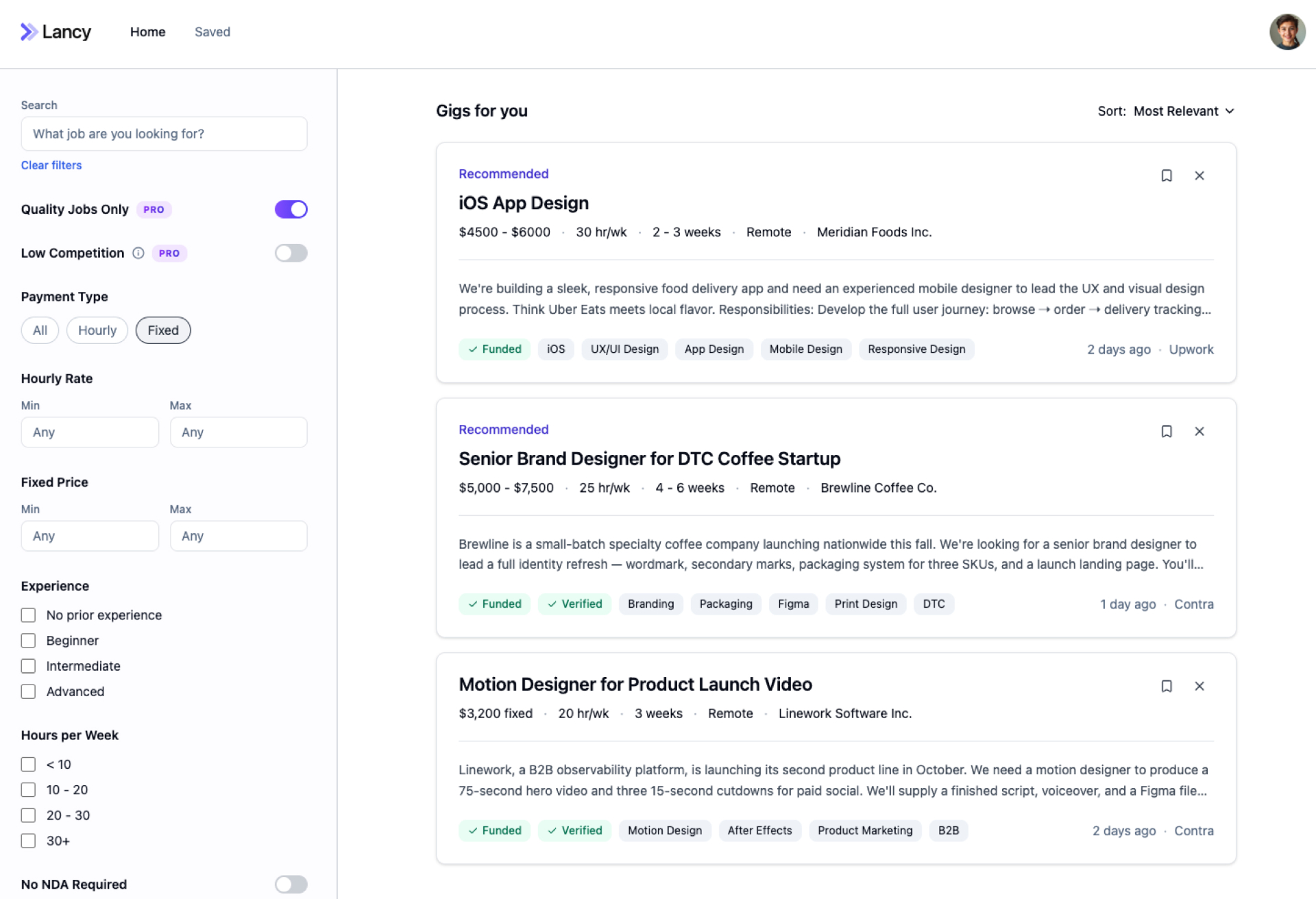 Lancy Freelancing — Filters & Feed
